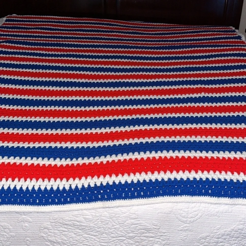 Handmade Patriotic Crochet Afghan Red White Blue Blanket 79”X 66”